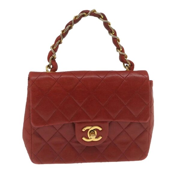 CHANEL Mini Matelasse Chain Flap Hand Bag Lamb Skin Red Gold CC Auth hs688A - Picture 1 of 16